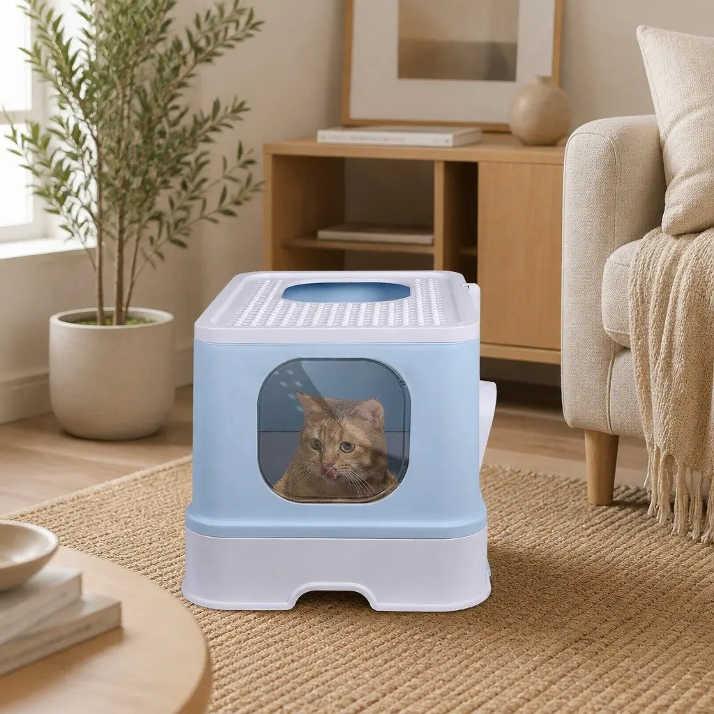 Enclosed Cat Litter Box Double Door Privacy Kitty Tray Large Spacious Blue