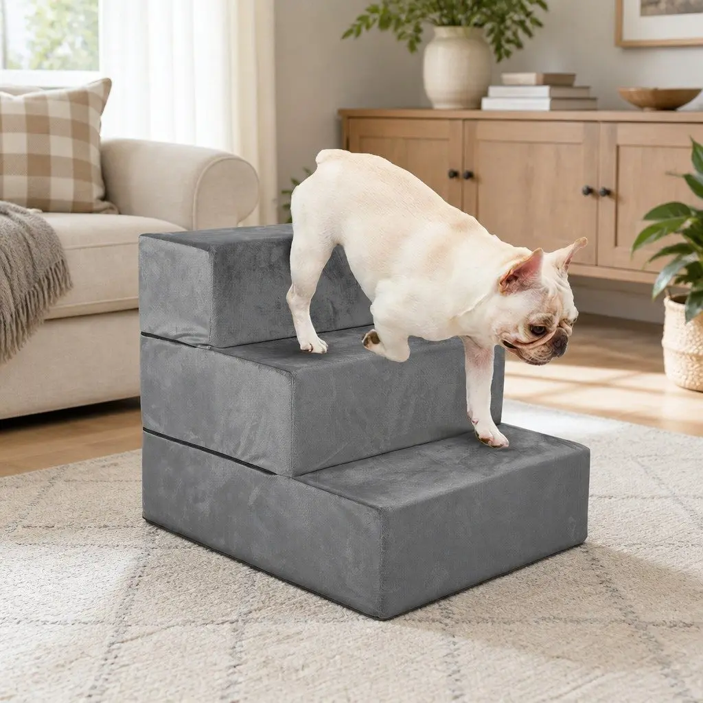 Pet Stairs Grey Medium Adjustable Height High-Density Foam Anti-Slip Bottom