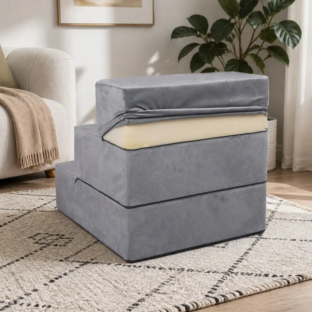 Pet Stairs Grey Medium Adjustable Height High-Density Foam Anti-Slip Bottom