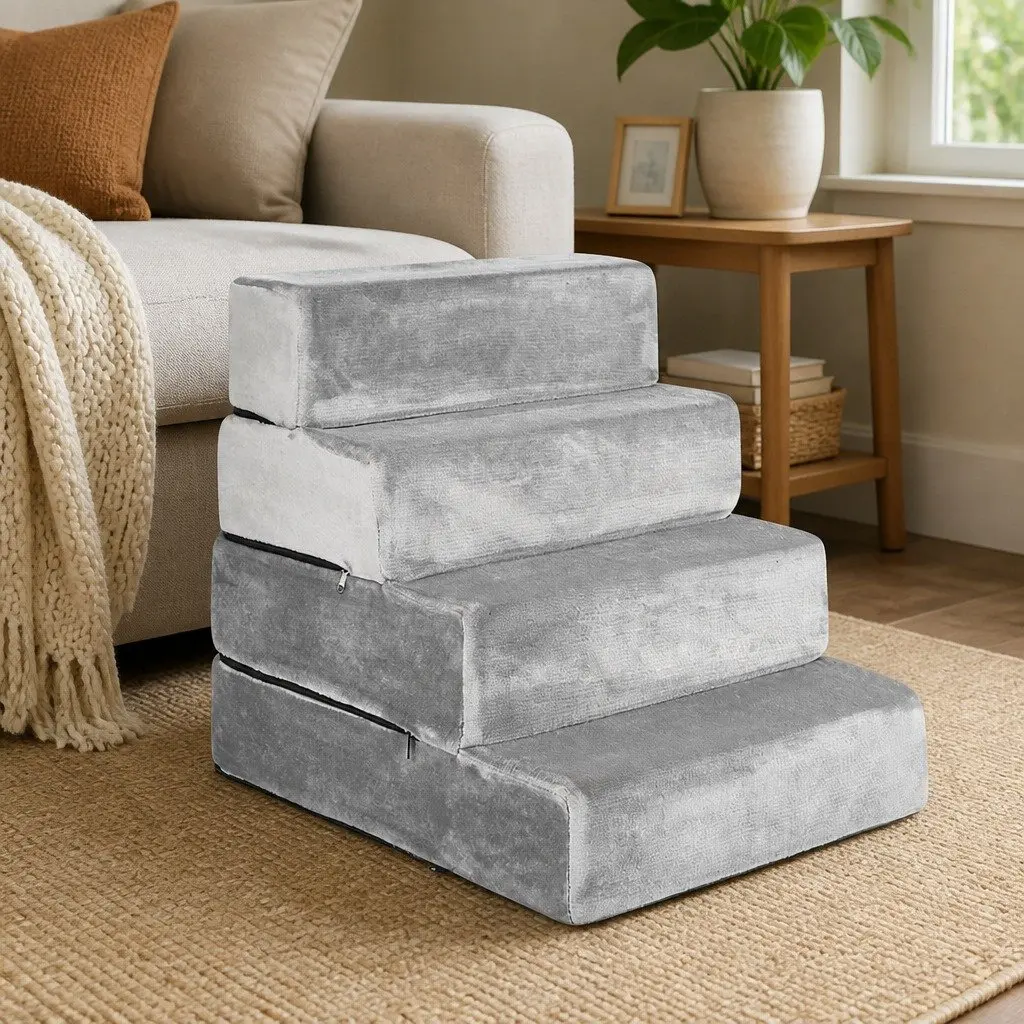 Pet Stairs Grey 4 Step Adjustable Height Portable Anti-Slip Climbing Ramp
