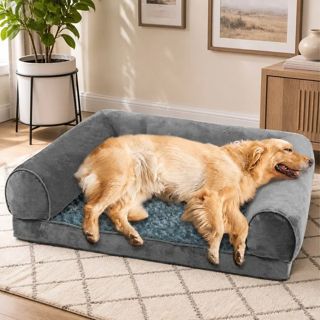 Pet Bed Sofa Grey Large Orthopaedic Memory Foam Soft Warm Lounger