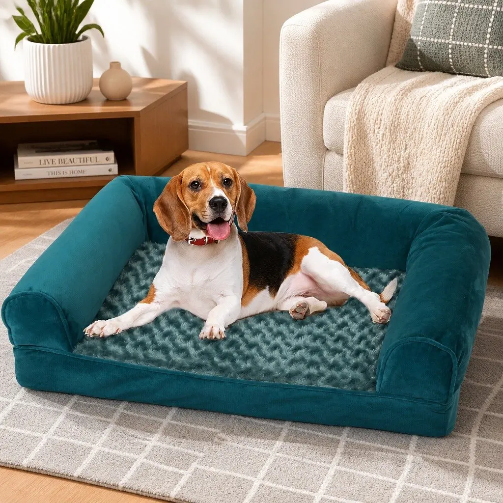 Pet Bed Sofa Blue Grey Medium Orthopaedic Memory Foam Washable