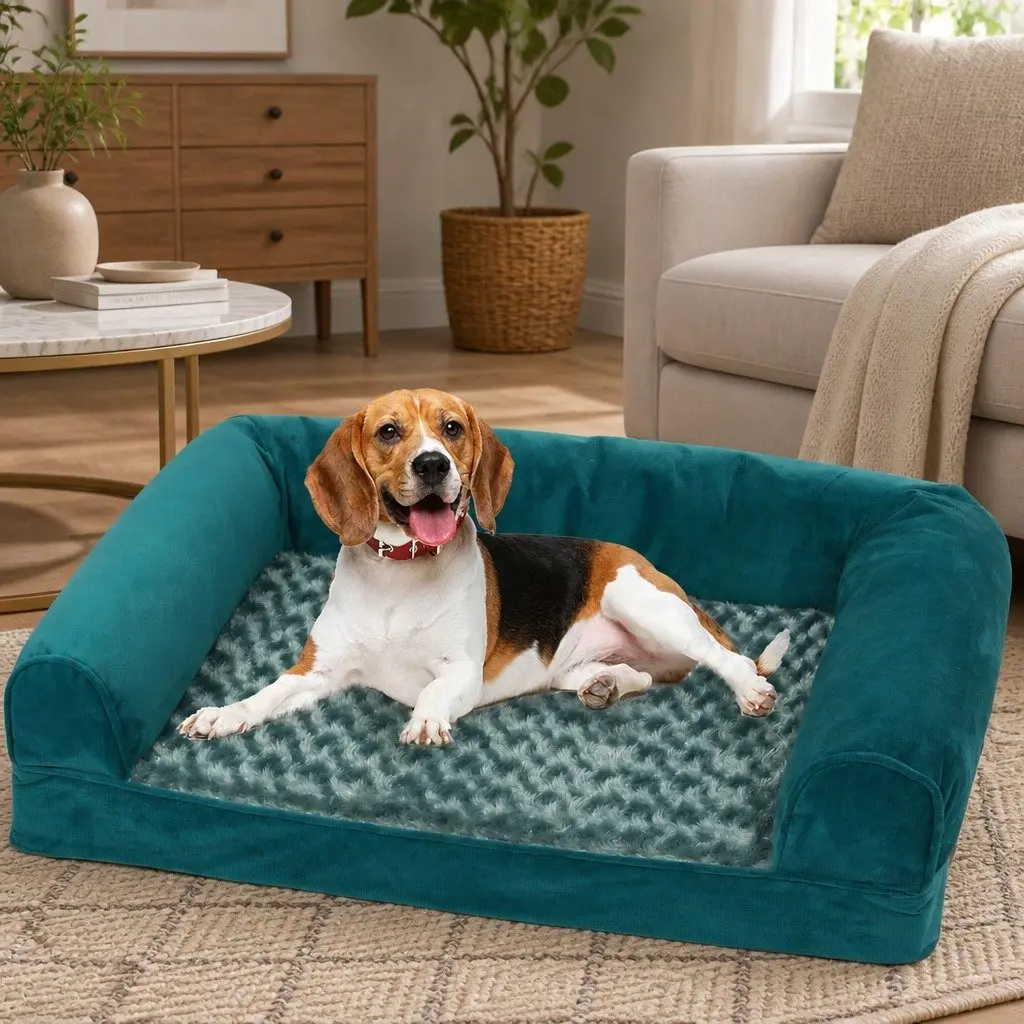 Pet Bed Sofa Blue Grey Medium Orthopaedic Memory Foam Washable