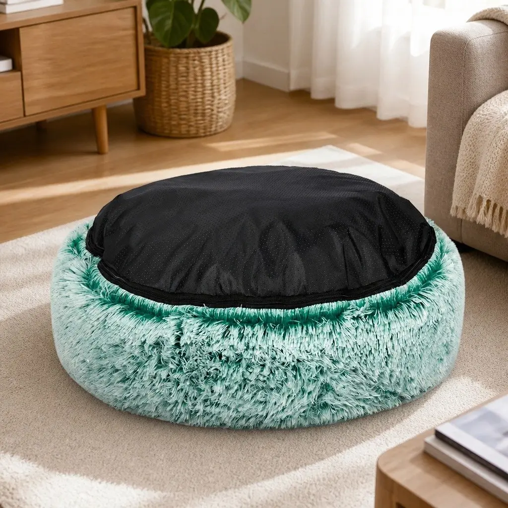 Dog Calming Bed Cover Teal Large Removable Plush Donut Shape