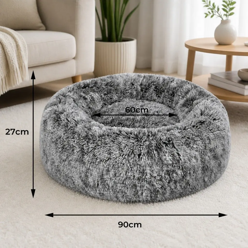 Pet Bed Charcoal Large Donut Nest Calming Plush Comfort Non-slip Bottom