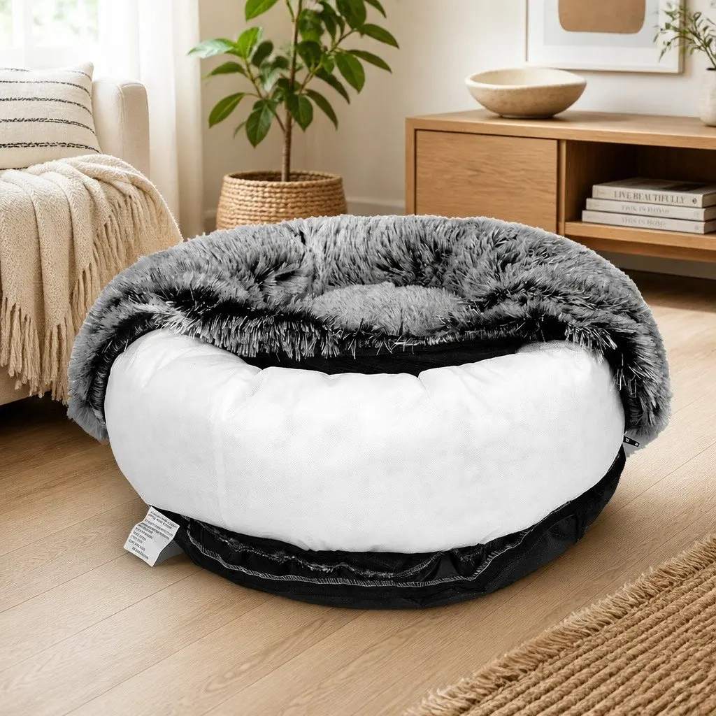 Pet Bed Charcoal Large Donut Nest Calming Plush Comfort Non-slip Bottom