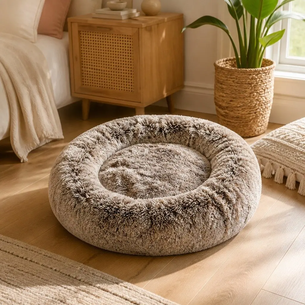 Dog Calming Bed Cover Charcoal Medium Donut Shape Removable Plush