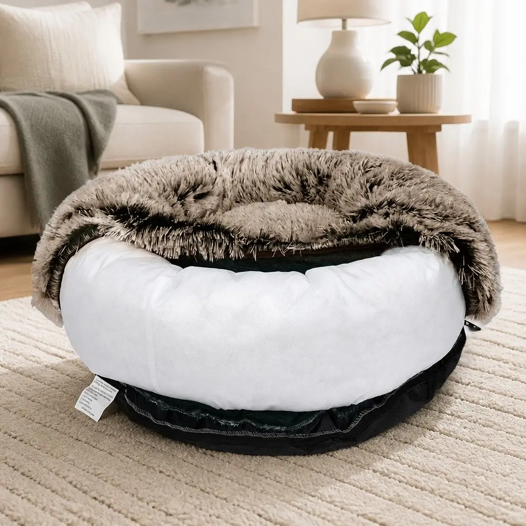 Dog Calming Bed Cover Charcoal Medium Donut Shape Removable Plush