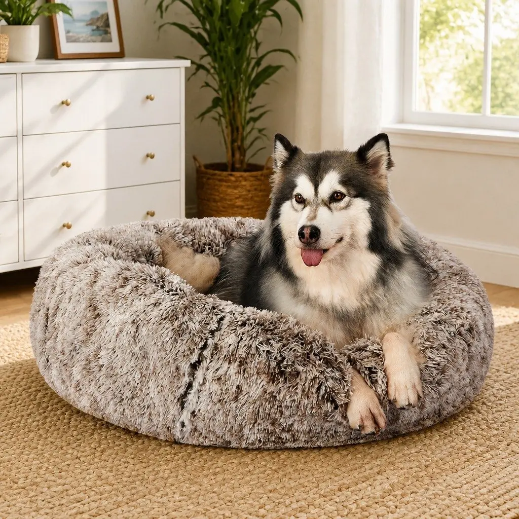 Dog Calming Bed Cover Charcoal Medium Donut Shape Removable Plush