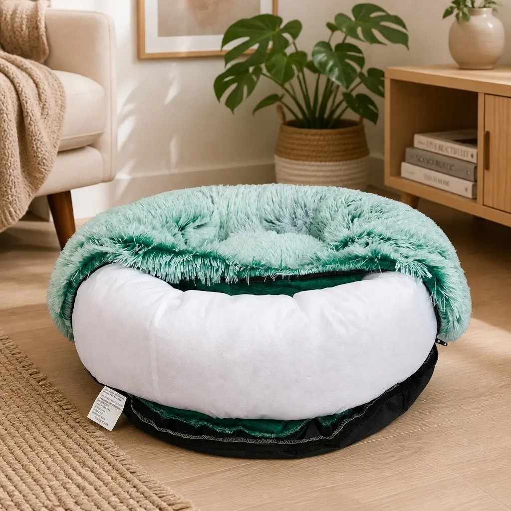Pet Bed Teal Medium Donut Shape Calming Plush Comfort Raised Rim