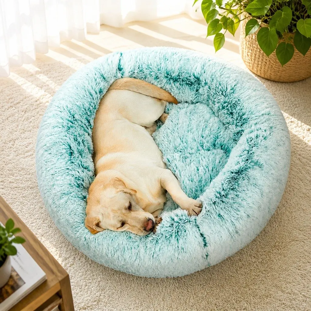 Pet Bed Teal Medium Donut Shape Calming Plush Comfort Raised Rim