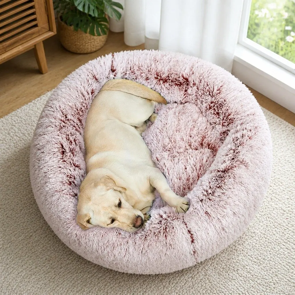 Donut Pet Bed Pink XL Calming Nest Raised Rim Non-Slip Plush