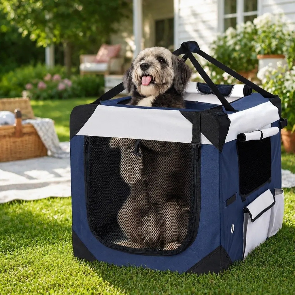 Pet Carrier Bag Blue Large Portable Soft Kennel Foldable for Outdoor Travel