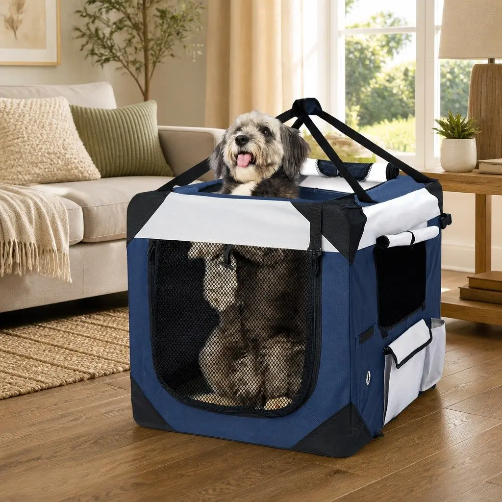 Pet Carrier Bag Blue Large Portable Soft Kennel Foldable for Outdoor Travel