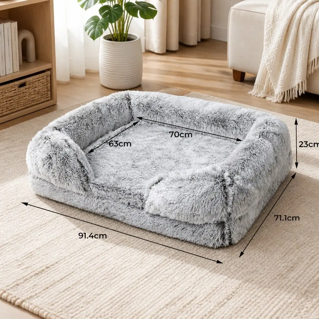 Orthopedic Pet Bed Grey Medium Memory Foam Supportive Bolster Plush