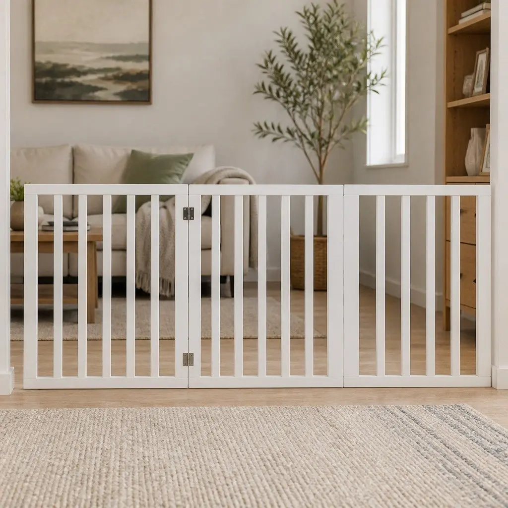 Wooden Pet Gate Dog Fence Foldable Free Standing Barrier White Grey Black