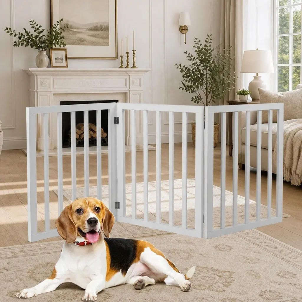 Wooden Pet Gate Dog Fence Foldable Free Standing Barrier White Grey Black