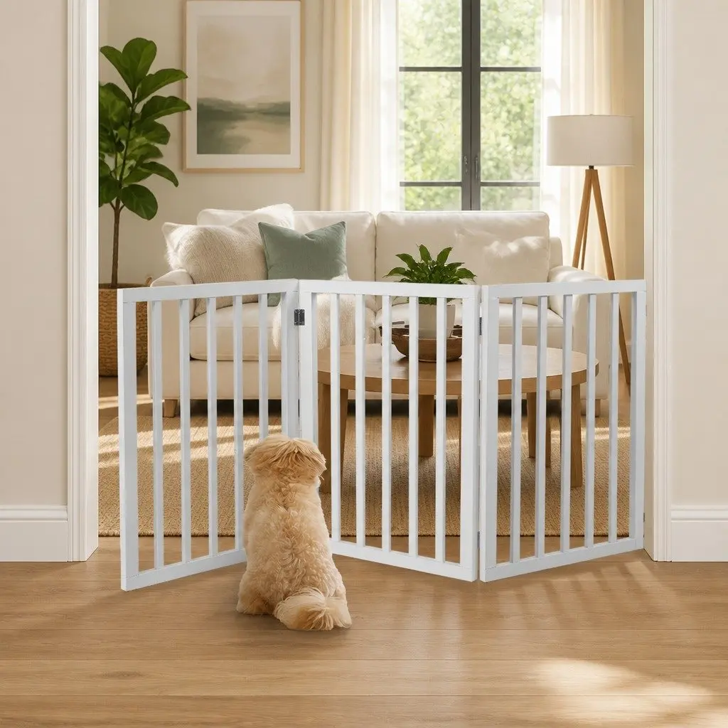 Wooden Pet Gate Dog Fence Foldable Free Standing Barrier White Grey Black