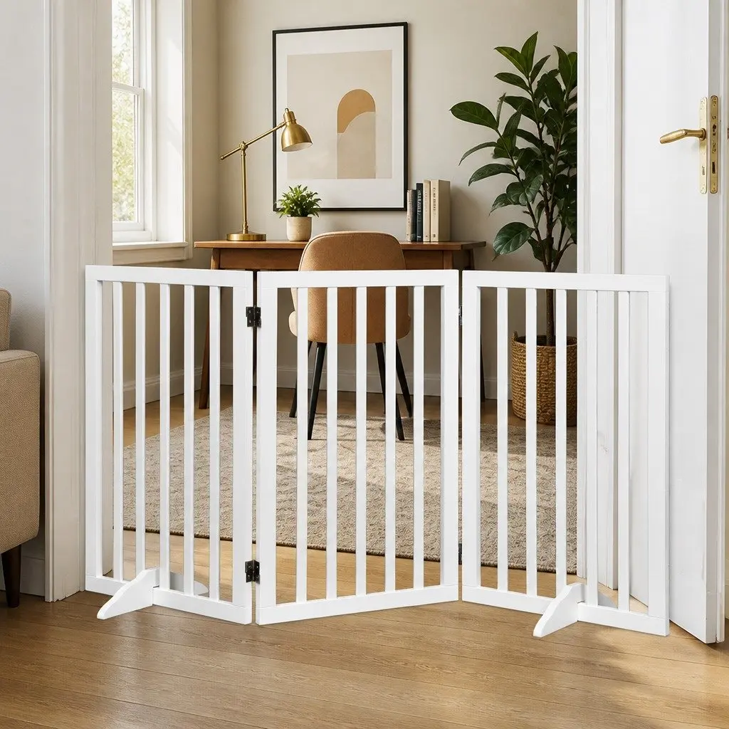 Wooden Pet Gate White 3 Panel Foldable Dog Fence Safety Barrier Indoor Outdoor Playpen