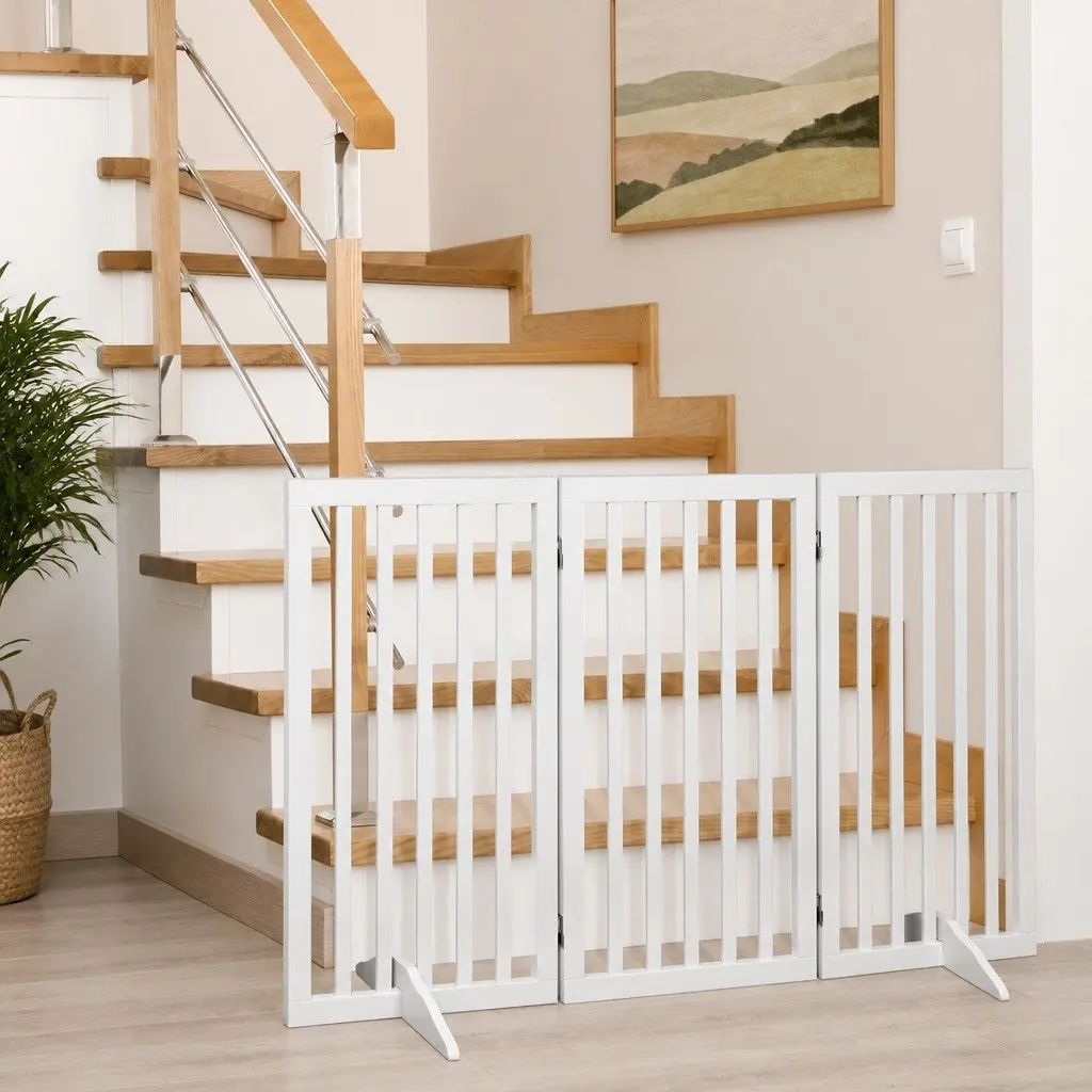 Wooden Pet Gate White 3 Panel Foldable Dog Fence Safety Barrier Indoor Outdoor Playpen
