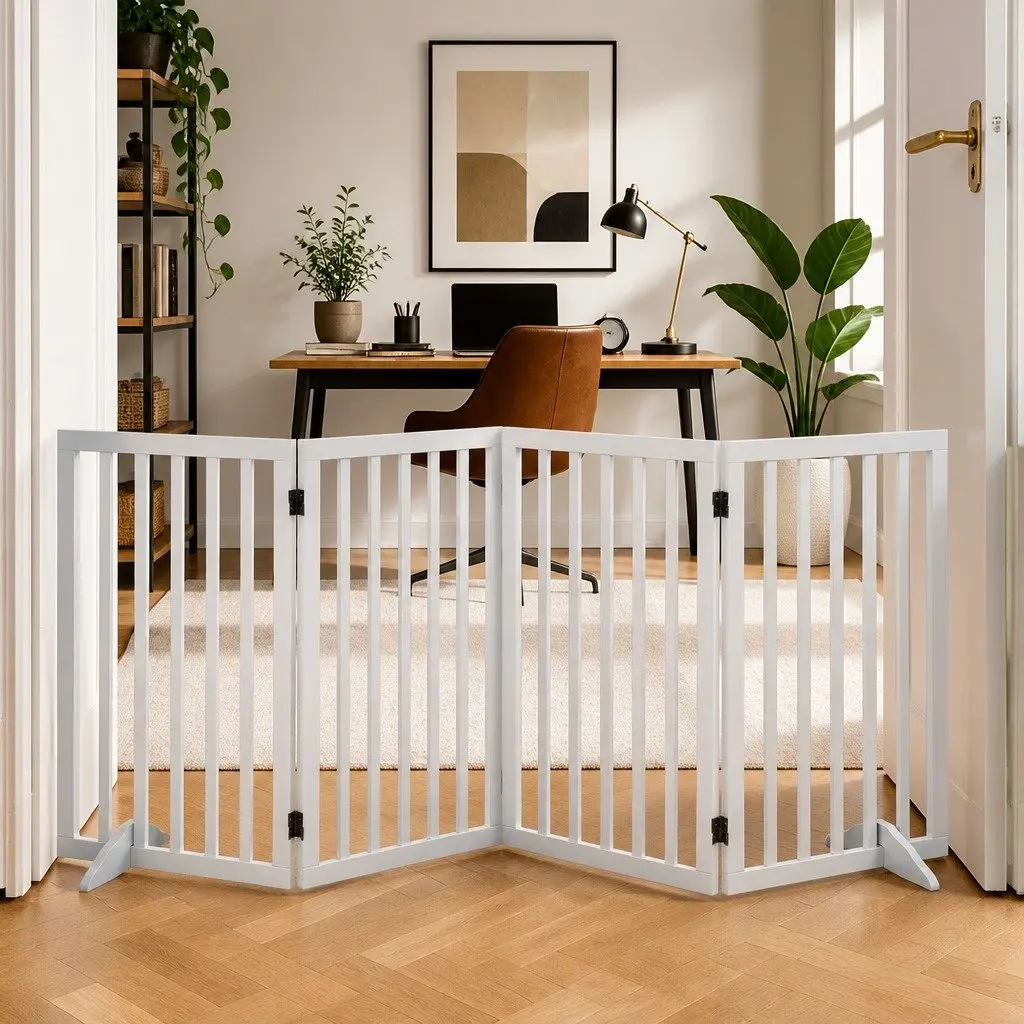 Wooden Pet Gate White 3 Panel Freestanding Foldable Safety Barrier