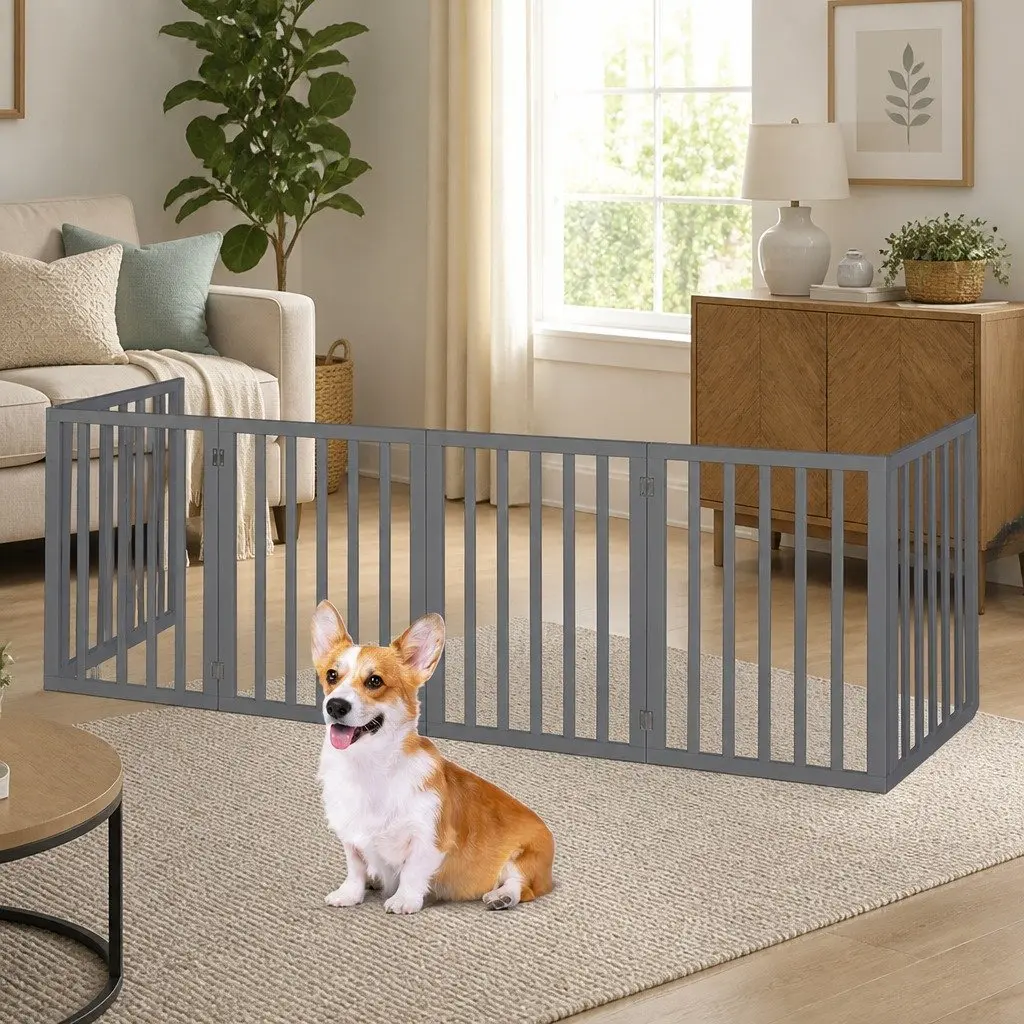 Wooden Pet Gate Grey 6 Panel Foldable Safety Barrier Playpen