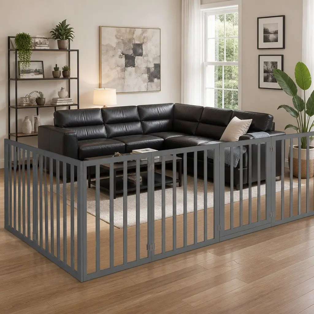 Wooden Pet Gate Grey 6 Panel Foldable Safety Barrier Playpen