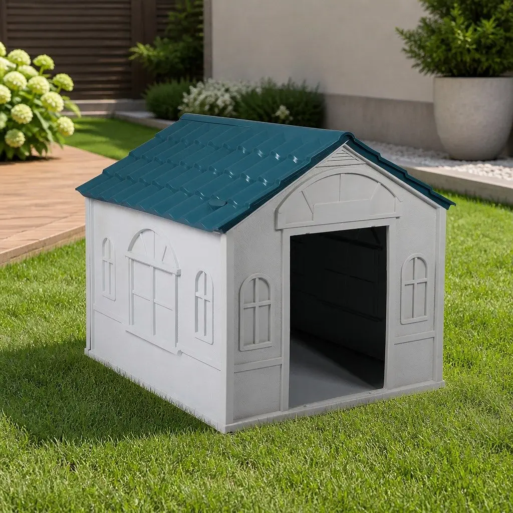 XL Dog House Blue Plastic Waterproof Ventilation Indoor Outdoor Shelter