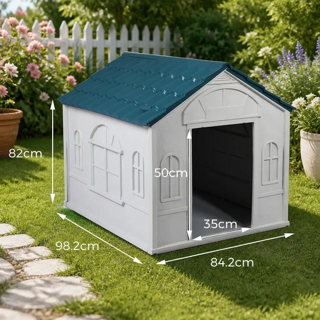 XL Dog House Blue Plastic Waterproof Ventilation Indoor Outdoor Shelter