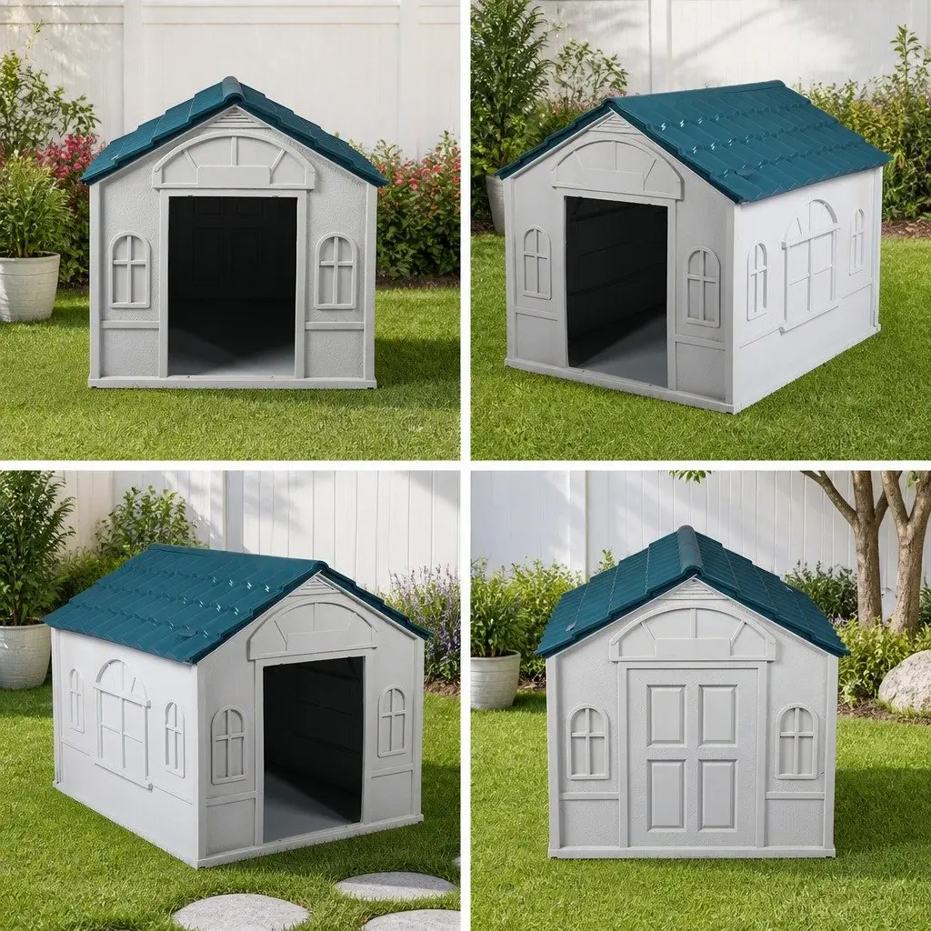 XL Dog House Blue Plastic Waterproof Ventilation Indoor Outdoor Shelter