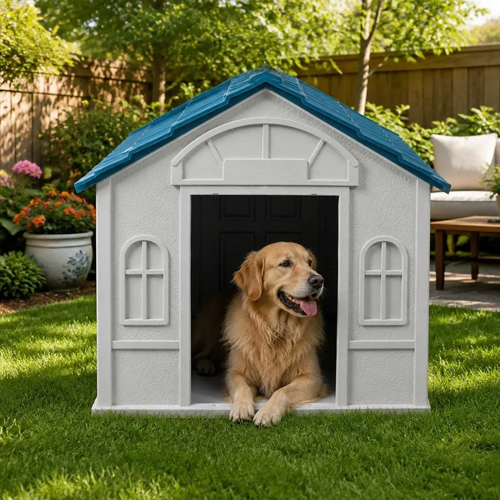 XL Dog House Blue Plastic Waterproof Ventilation Indoor Outdoor Shelter