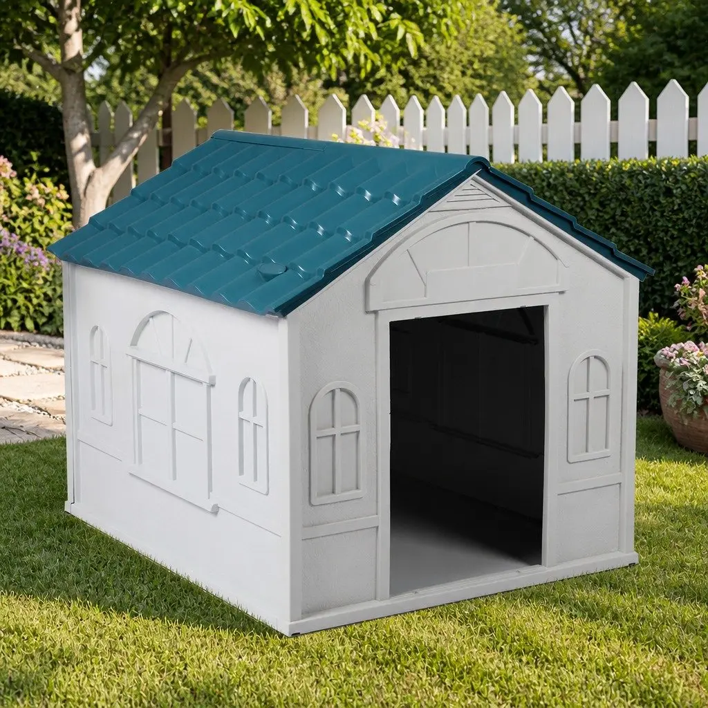 XL Dog House Blue Plastic Waterproof Ventilation Indoor Outdoor Shelter