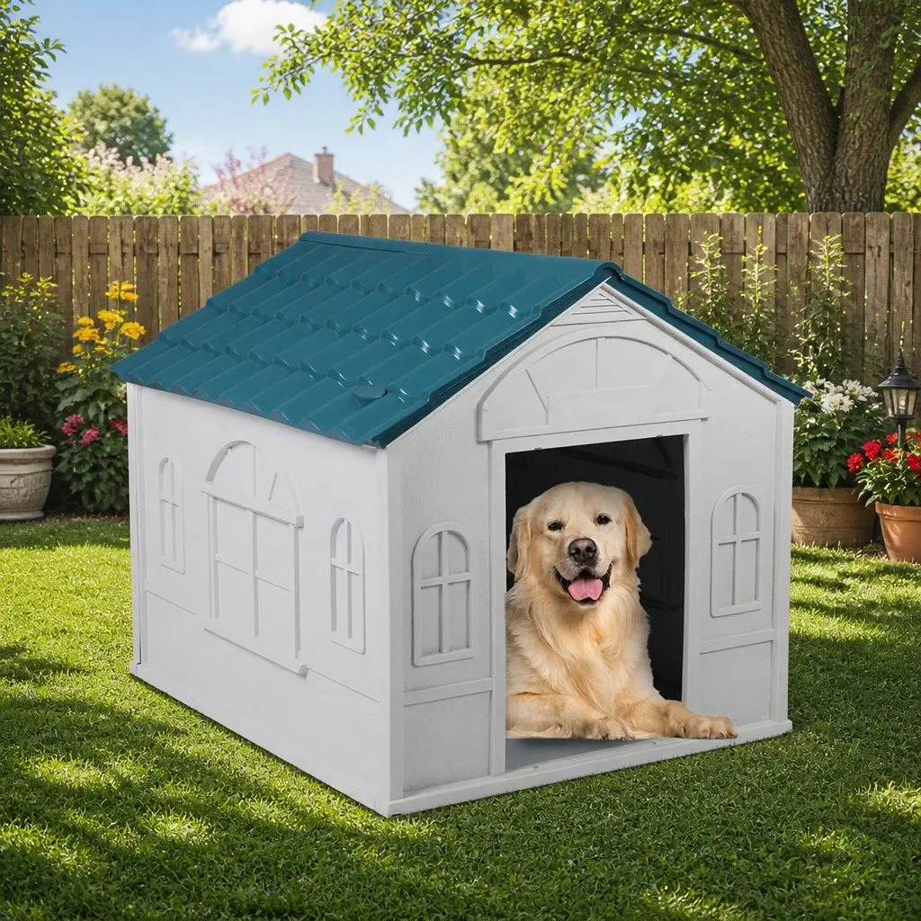 XL Dog House Blue Plastic Waterproof Ventilation Indoor Outdoor Shelter