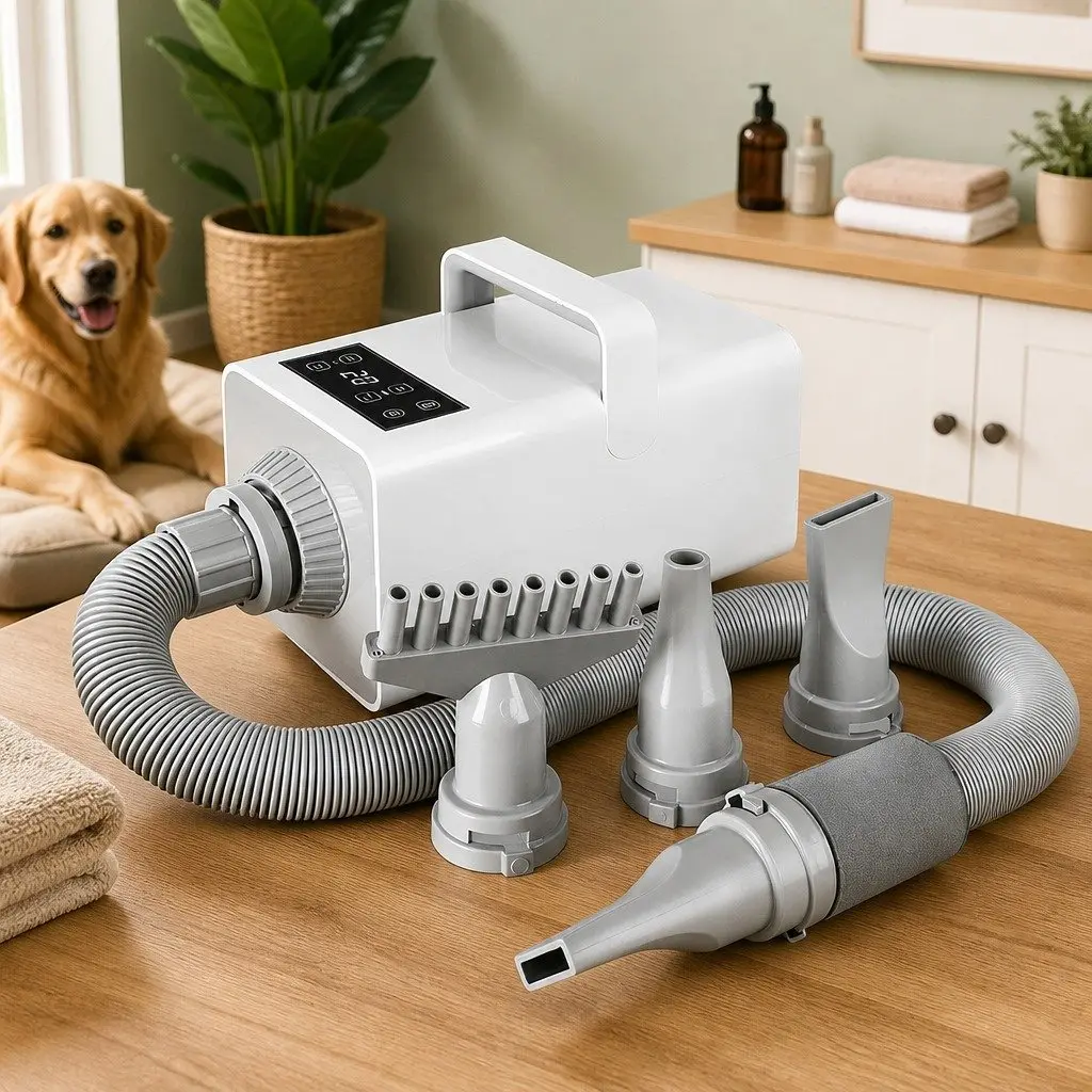 Pet Hair Dryer White Adjustable Temperature Anion Wind Control Nozzles