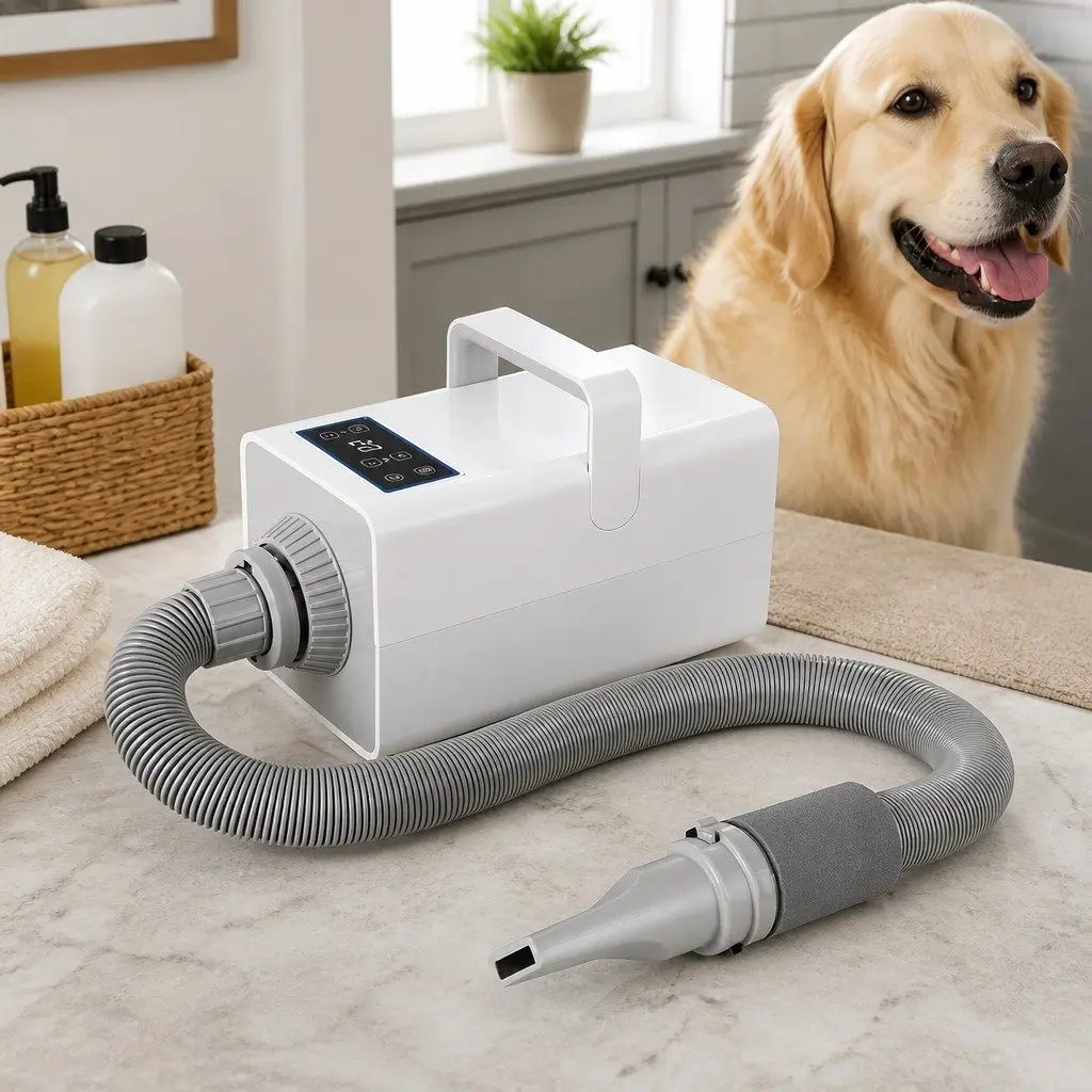 Pet Hair Dryer White Adjustable Temperature Anion Wind Control Nozzles