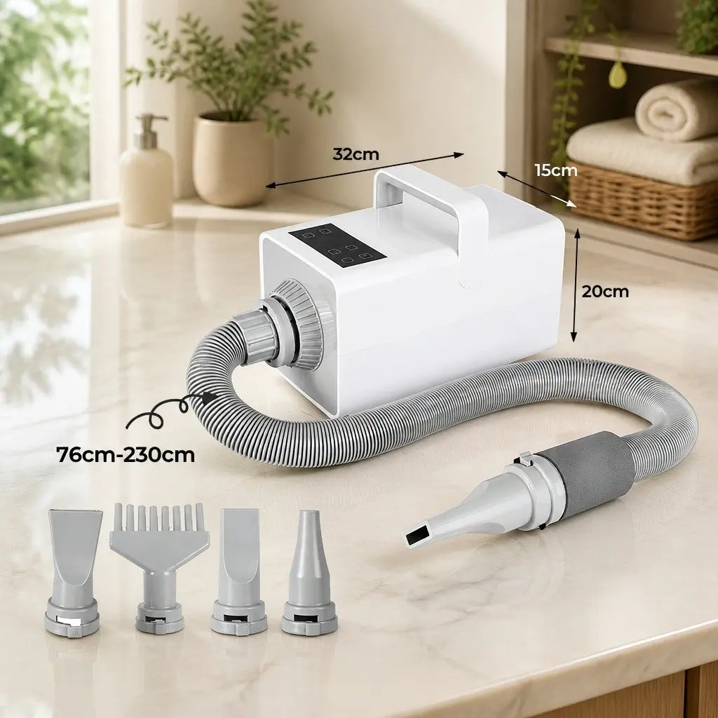 Pet Hair Dryer White Adjustable Temperature Anion Wind Control Nozzles
