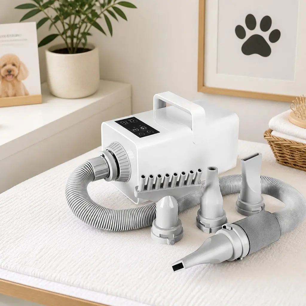 Pet Hair Dryer White Adjustable Temperature Anion Wind Control Nozzles