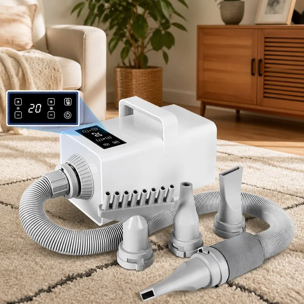 Pet Hair Dryer White Adjustable Temperature Anion Wind Control Nozzles