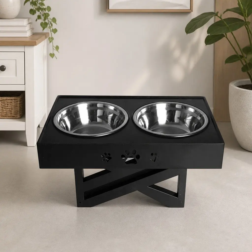 Elevated Pet Feeder Black Adjustable Height Stainless Steel Bowls Non-Slip