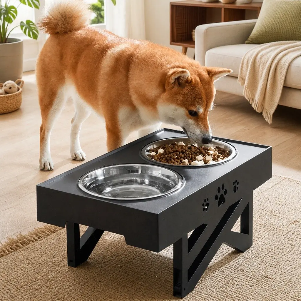 Elevated Pet Feeder Black Adjustable Height Stainless Steel Bowls Non-Slip