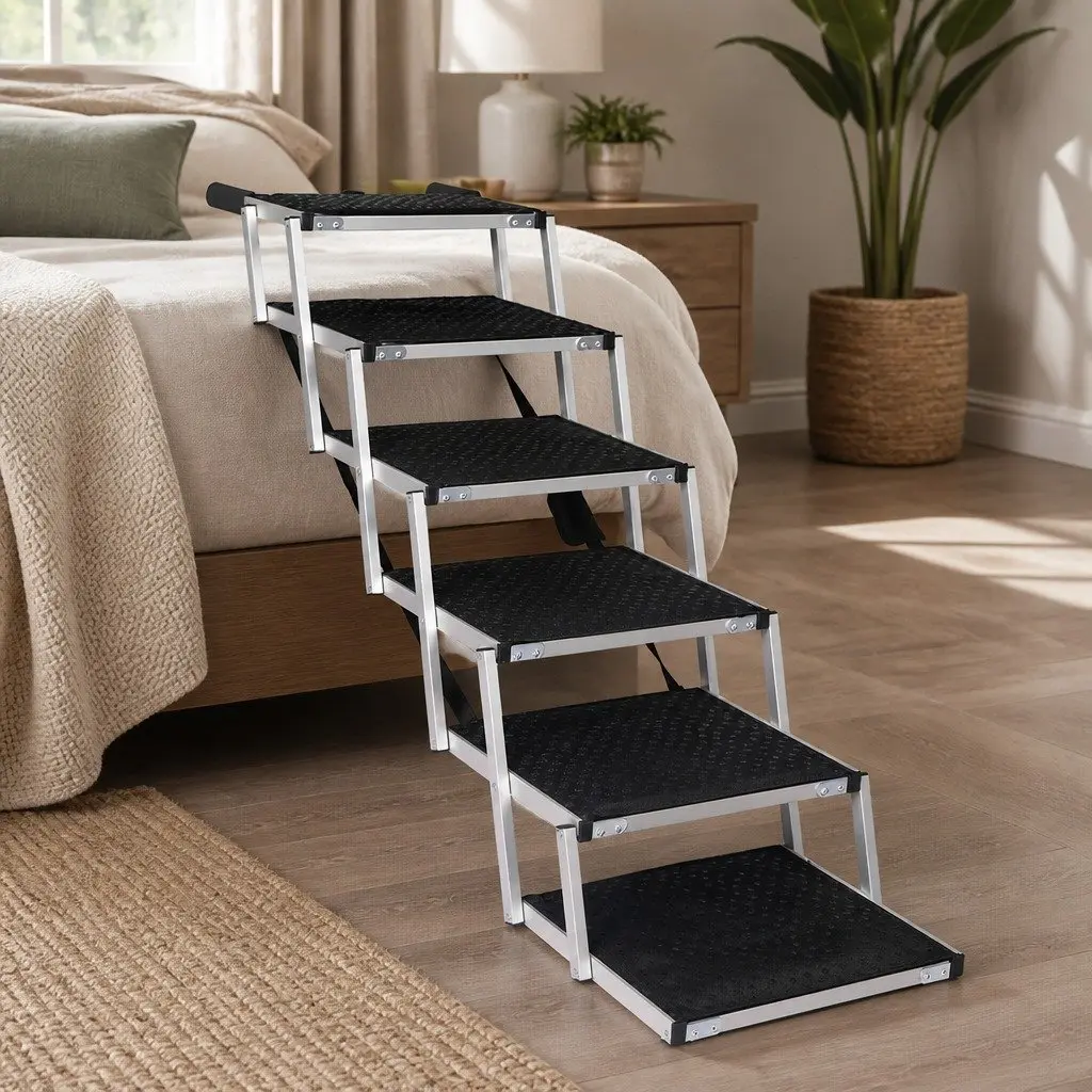 Pet Ramp Black 6 Steps Adjustable Height Foldable Portable Indoor Outdoor