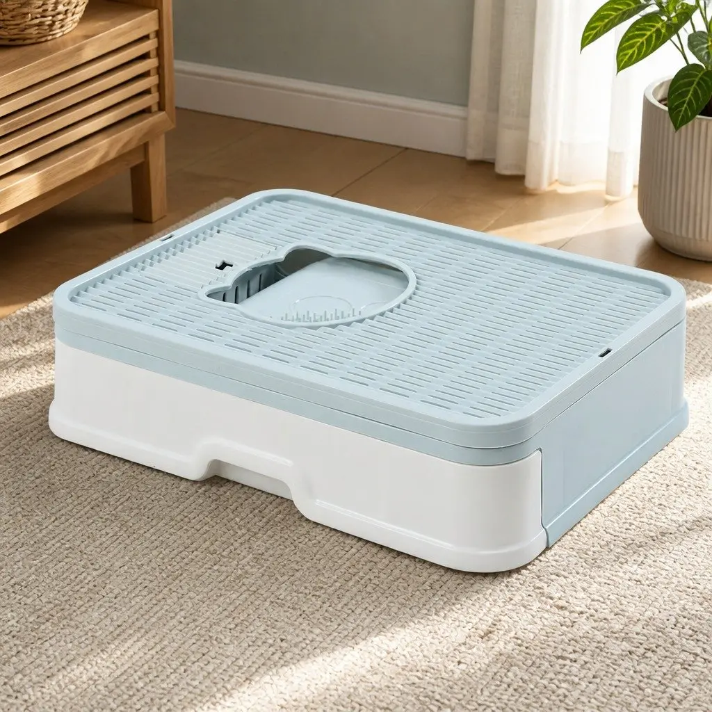 Foldable Cat Litter Box Enclosed Tray with Entry Exit Doors Built-in Brush Blue