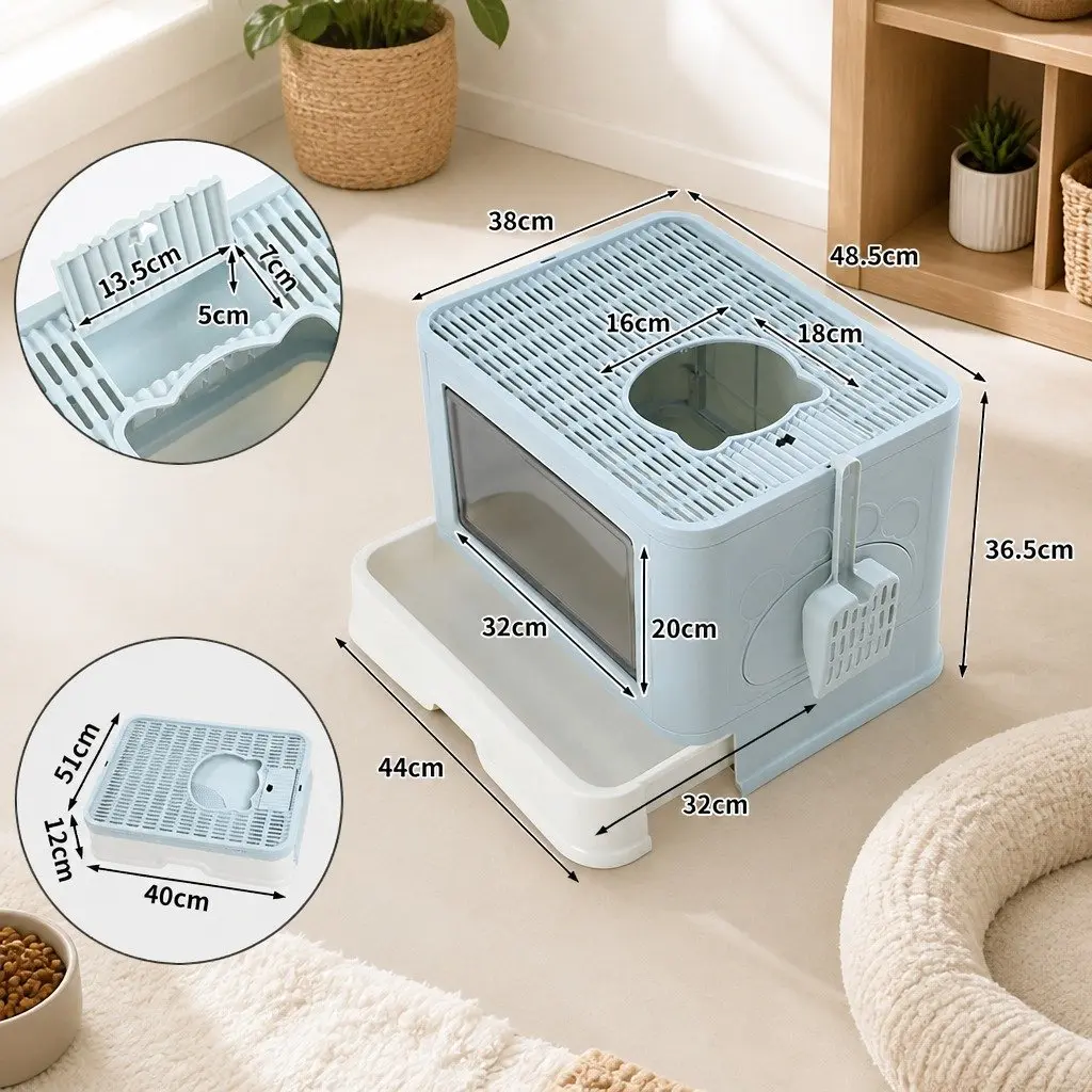 Foldable Cat Litter Box Enclosed Tray with Entry Exit Doors Built-in Brush Blue