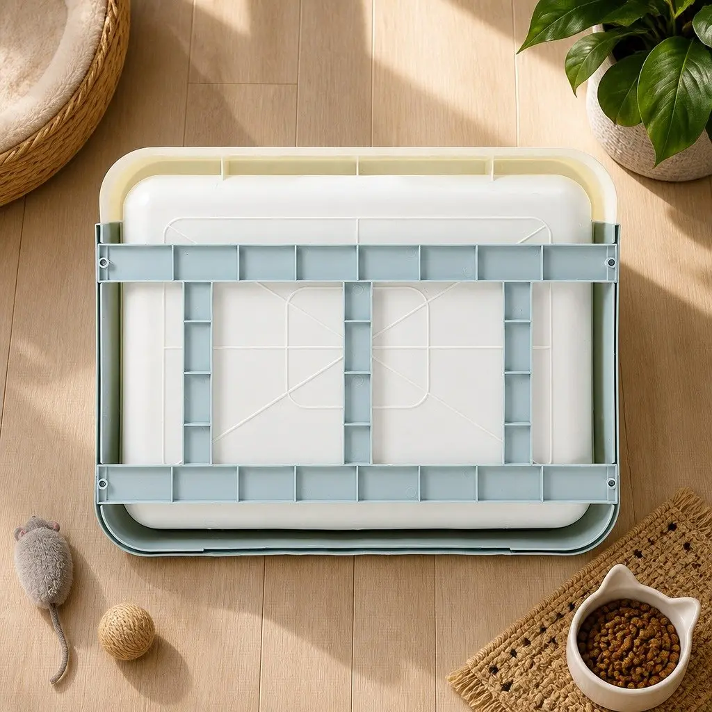 Foldable Cat Litter Box Enclosed Tray with Entry Exit Doors Built-in Brush Blue