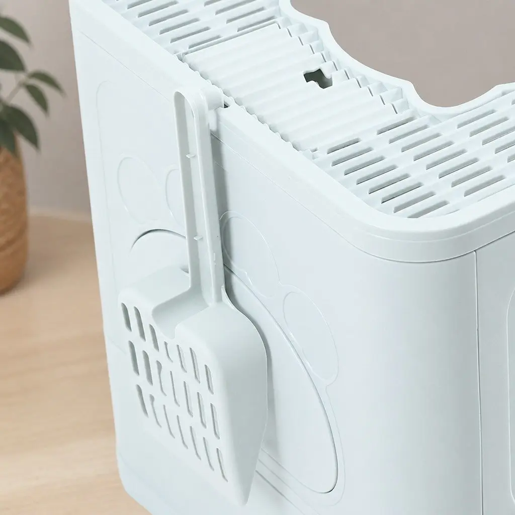 Foldable Cat Litter Box Enclosed Tray with Entry Exit Doors Built-in Brush Blue