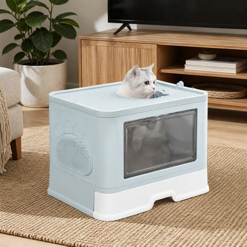 Foldable Cat Litter Box Enclosed Tray with Entry Exit Doors Built-in Brush Blue