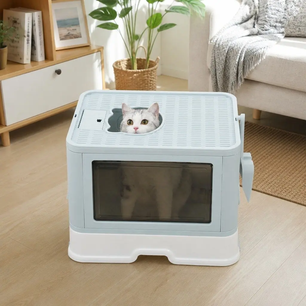 Foldable Cat Litter Box Enclosed Tray with Entry Exit Doors Built-in Brush Blue
