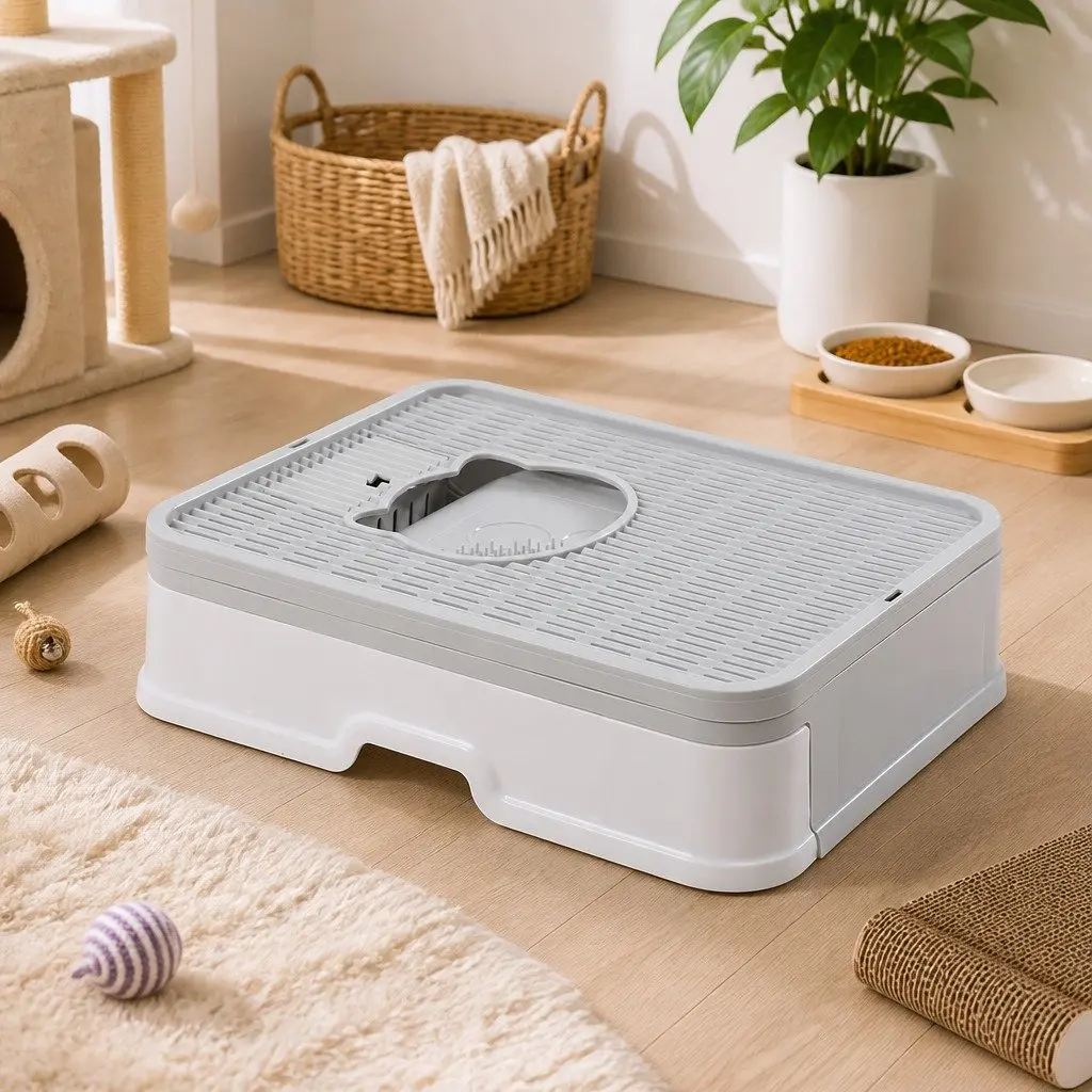 Foldable Cat Litter Box Enclosed Entry Exit Door Removable Drawer Shovel Grey