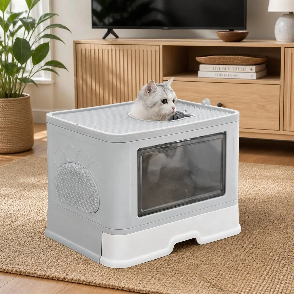 Foldable Cat Litter Box Enclosed Entry Exit Door Removable Drawer Shovel Grey