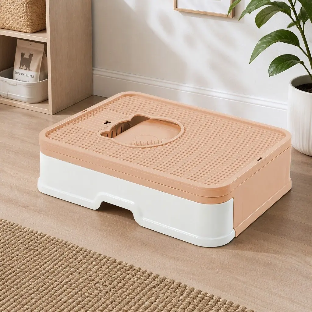 Foldable Cat Litter Box Grey Enclosed Tray with Entry Exit Door Removable Drawer